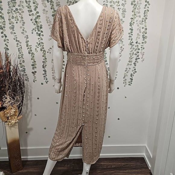 Mac Duggal Beaded Chiffon Short Sleeve Boat Neck Sheath Midi Dress Sz 6 - Picture 5 of 12